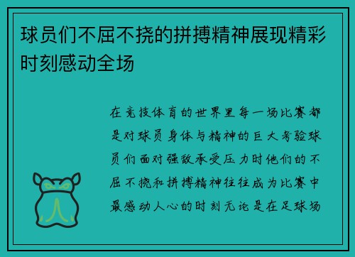 球员们不屈不挠的拼搏精神展现精彩时刻感动全场