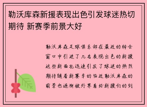 勒沃库森新援表现出色引发球迷热切期待 新赛季前景大好