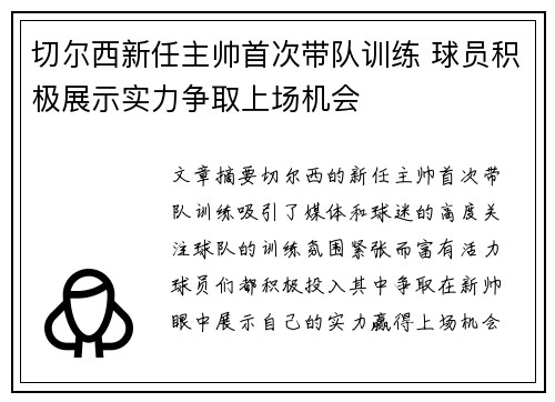 切尔西新任主帅首次带队训练 球员积极展示实力争取上场机会