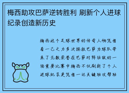 梅西助攻巴萨逆转胜利 刷新个人进球纪录创造新历史