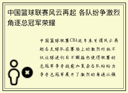 中国篮球联赛风云再起 各队纷争激烈角逐总冠军荣耀
